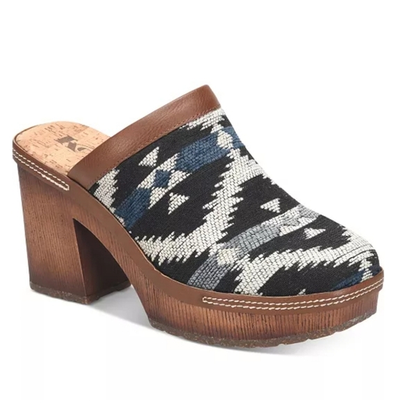 Korks by Kork-Ease Lori Western Boho Blue Aztec Platform Wood Block Heel Clogs 8 - Picture 1 of 8